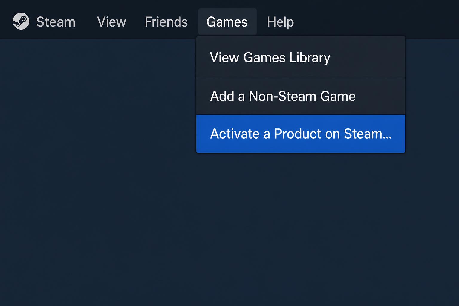 3: افتح قائمة Games واختر Activate a Product on Steam